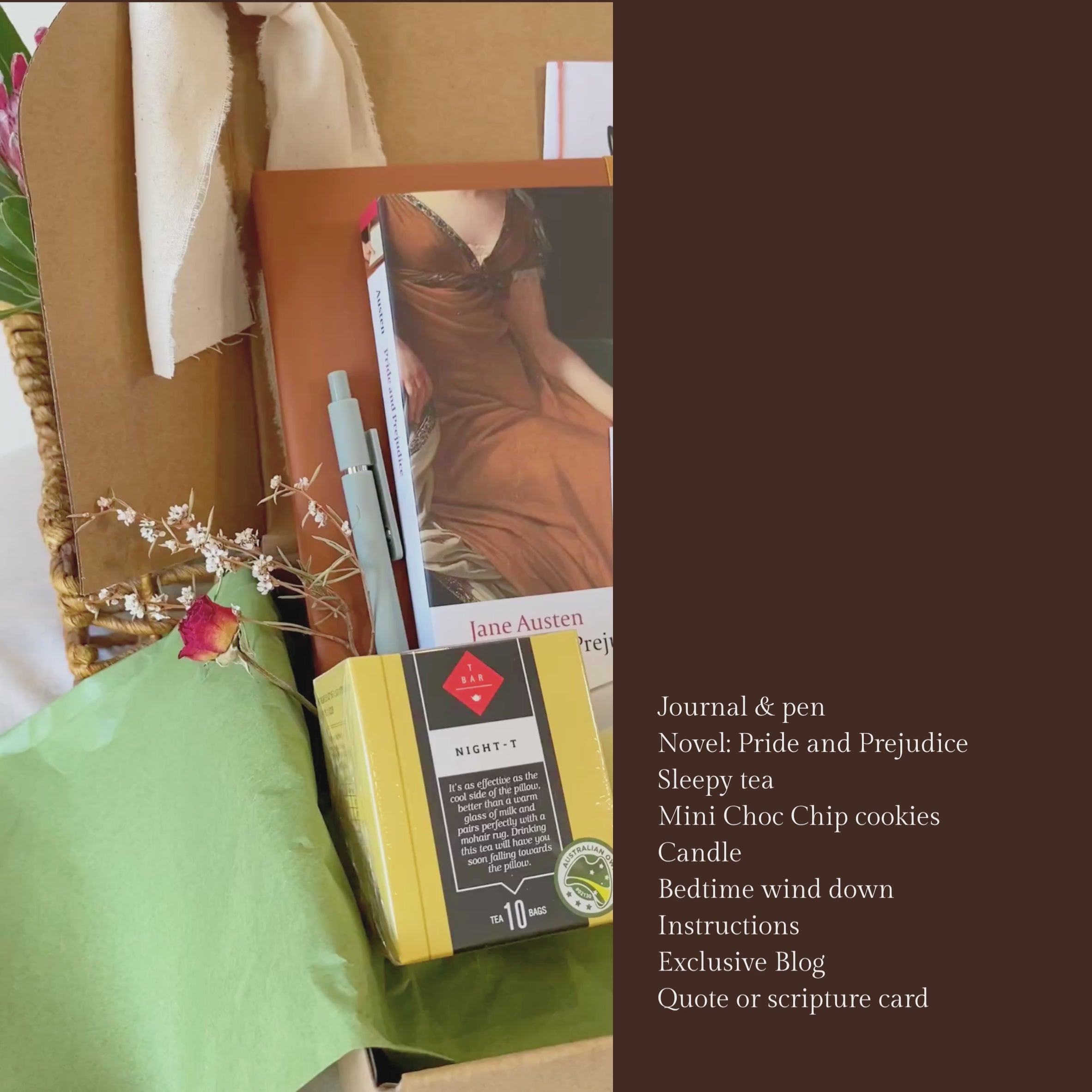 video of brown journal, pride and prejudice novel, sleepy night t from the tea bar, flowers, blue pen, calling all mothers to rest booklet which has the exclusive blog, a guide to beginning your rest, and the instructions to the activity. A card with an inspiring quote or scripture with a print of original artwork, all in a brown box with olive green tissue paper, linen cotton ribbon, and dried posy.