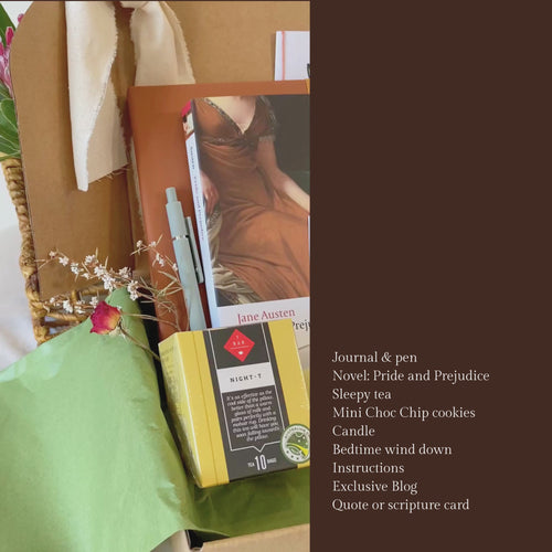 video of brown journal, pride and prejudice novel, sleepy night t from the tea bar, flowers, blue pen, calling all mothers to rest booklet which has the exclusive blog, a guide to beginning your rest, and the instructions to the activity. A card with an inspiring quote or scripture with a print of original artwork, all in a brown box with olive green tissue paper, linen cotton ribbon, and dried posy.